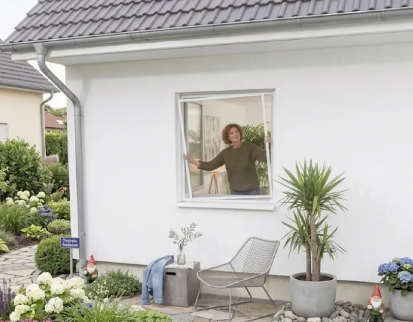 Frau setzt einen Fliegengitter Spannrahmen in ein geöffnetes Fenster ein