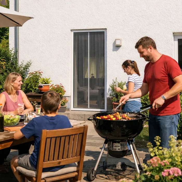 Familie auf der Terrasse vor Tür mit Fliegengitter-Lamellen moderner Insektenschutz für Balkon und Terrasse