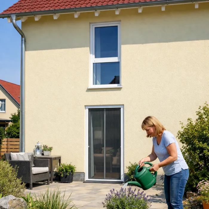 Frau im Garten vor Terrassentür mit Fliegengitter-Lamellen praktischer Insektenschutz für Balkon und Terrasse