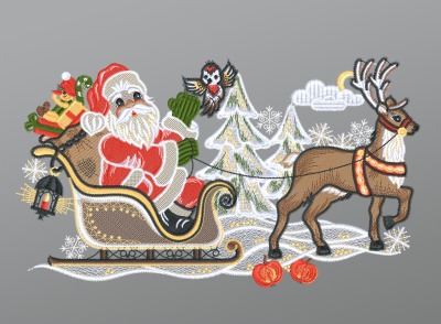 ArtikelbildFensterbild aus Plauener Spitze - Weihnachtsmann mit Schlitten und Rentier #1W mehrfarbig