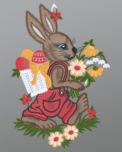 ArtikelbildFensterbild aus Plauener Spitze - Hase mit Osterkrbchen #1W mehrfarbig