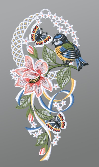 ArtikelbildFensterbild aus Plauener Spitze - Blaumeise mit Schmetterling und Blume #1W mehrfarbig